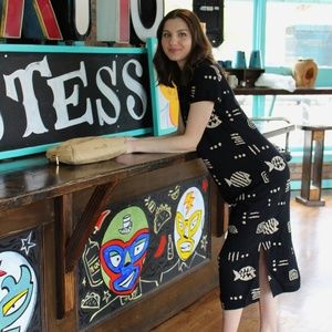 Vintage 1990's Black Maxi Dress With Fish Pattern